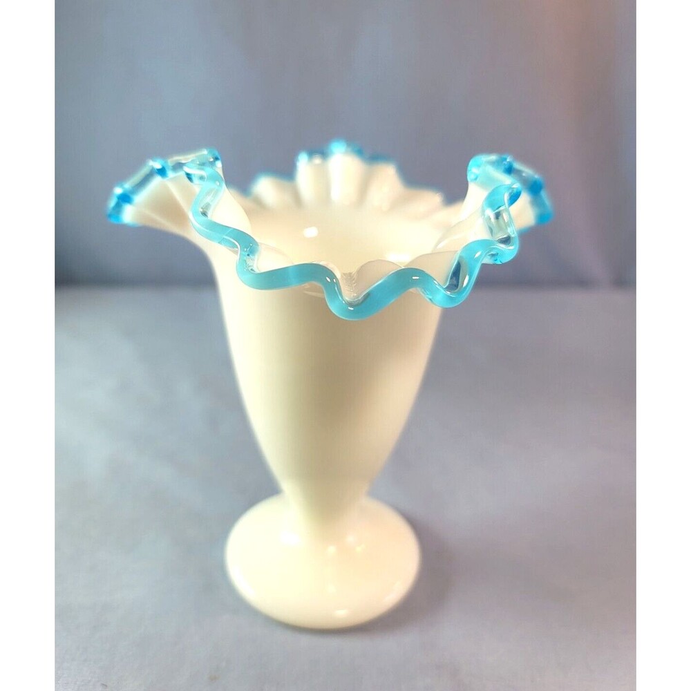 Blue Fenton Trumpet Vase Tulip Milk Glass Ruffled Scalloped Aqua Crest 6'' VTG